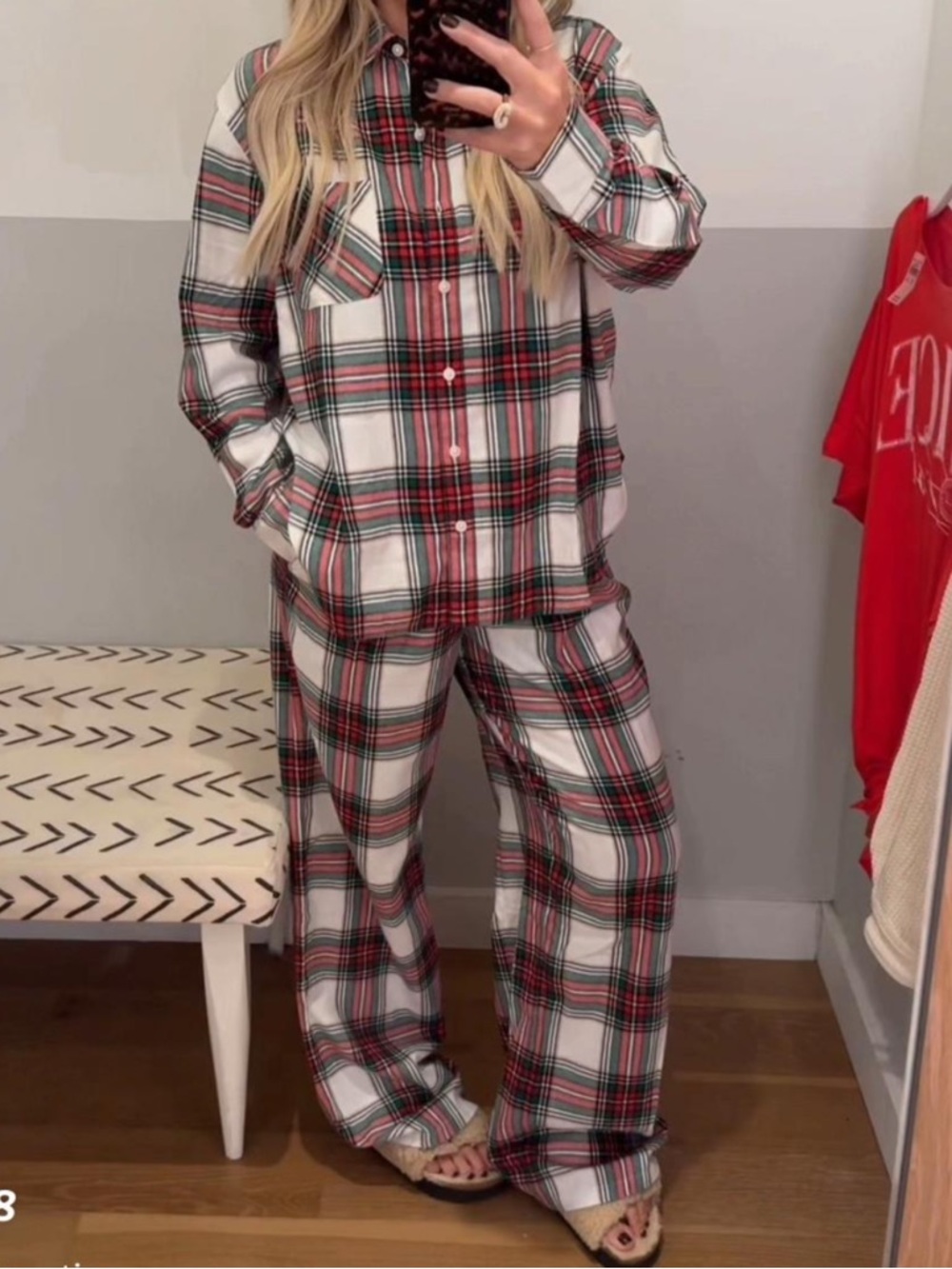 aerie Red Green White Plaid Button-Up Pajama Set - XXL